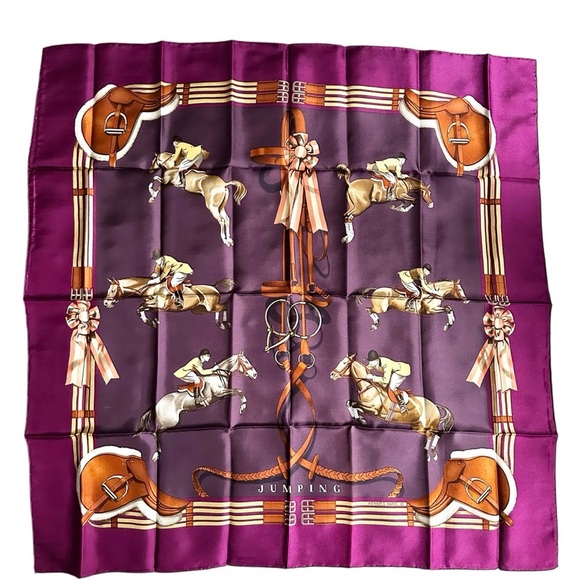 Hermes 100% Silk Purple & Fuchsia Pink Jumping Horses Large 90cm Square Scarf - Picture 6 of 10
